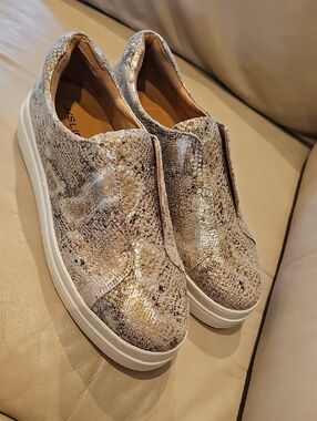 J/SLIDES Metallic Snake-Print Slip-On Sneakers in Gold and Beige